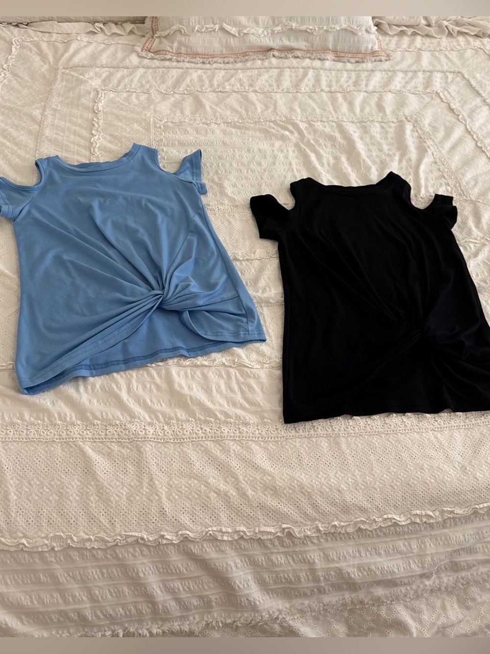 Girls Medium Open Cold Shoulder Short Sleeve Shirts 1 Columbia Blue & 1 Black